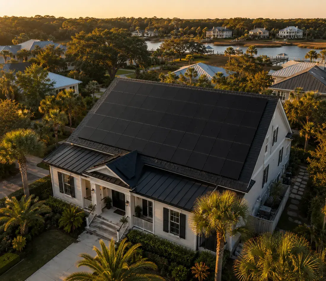 Aerial view of a Charleston home with a black-on-black rooftop solar array